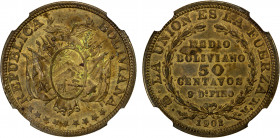 BOLIVIA: Republic, 50 centavos, Potosi, 1902, KM-Pn56, pattern struck in brass, NGC graded AU55.
Estimate: $100-200