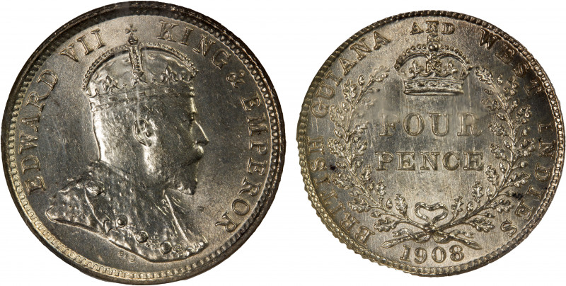 BRITISH GUIANA: Edward VII, 1901-1910, AR 4 pence, 1908, KM-27, key date to the ...