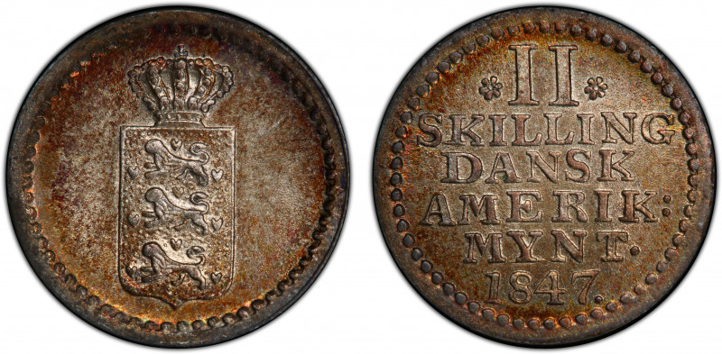 DANISH WEST INDIES: Christian VIII, 1839-1848, AR 2 skilling, 1847, KM-18, a won...