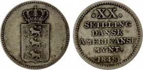 DANISH WEST INDIES: Frederik VII, 1848-1863, AR 20 skilling, 1848, KM-21.1, variety with engrailed edge, one-year subtype, VF.
Estimate: $125-175