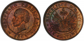 HAITI: Republic, AE 10 centimes, 1863-H, KM-40, struck at the Heaton mint, Birmingham, a wonderful proof-like quality specimen example! PCGS graded Sp...