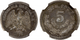 MEXICO: Republic, AR 5 centavos, 1877-Mo, KM-398.7, assayer M, possible 7/6 overdate, toned, NGC graded MS63.
Estimate: $150-200