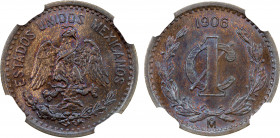 MEXICO: Estados Unidos, AE centavo, 1906-Mo, KM-415, narrow date, lovely purple toning over the underlying red luster, NGC graded MS66 BN. Tied with o...
