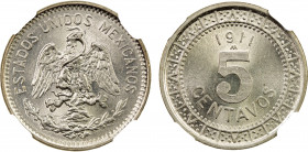 MEXICO: Estados Unidos, 5 centavos, 1911-M, KM-421, wide date (less common than the narrow date), NGC graded MS64.
Estimate: $100-150
