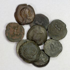 BACTRIA: Euthydemos I Theos Megas, ca. 230-200 BC, LOT of 9 AE units, Bop-17A, Mitch-7523, most VF and with glossy dark green patina, all with at leas...