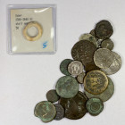 ANCIENT: LOT of 24 coins, with 12 Roman Imperial (including a Hadrian sestertius), 4 Roman Provincial (including Gallienus Perga assarion, BMC-77), 2 ...