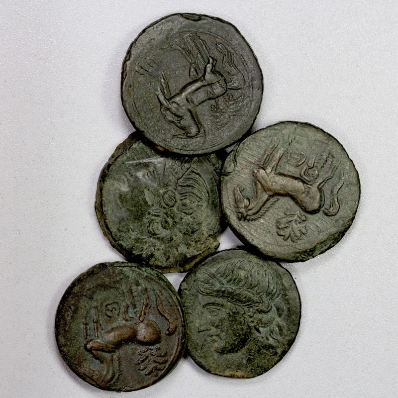 CARTHAGE: LOT of 5 large bronze trishekels, head of Tanit left, wearing wreath o...