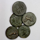 CARTHAGE: LOT of 5 large bronze trishekels, head of Tanit left, wearing wreath of grain ears and single-pendant earring // horse standing right, palm ...
