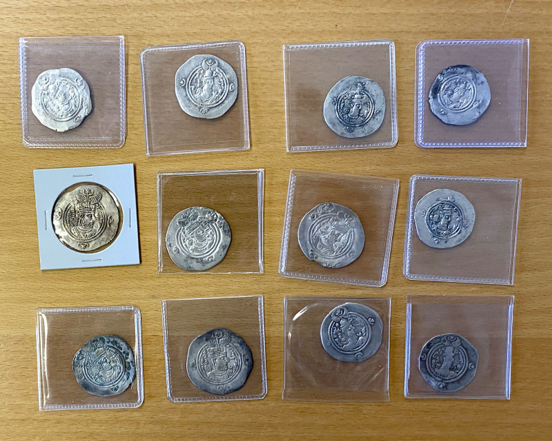 SASANIAN KINGDOM: Khusro II, 591-628, LOT of 12 silver drachms, including: first...