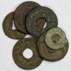 SOGDIANA: LOT of 6 copper cash coins, including the standard type of Turgesh (5 pcs, average VG to Fine, standard size), and Tukhus (1, Fine, small si...