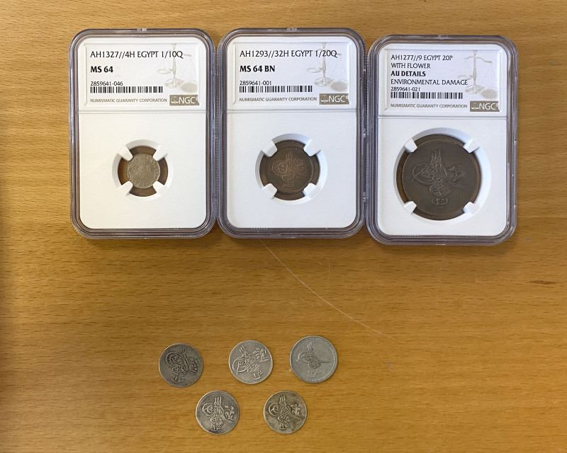 EGYPT: LOT of 8 coins, NGC Graded Coins: KM-246, 20 para AH1277/9 with flower (A...