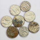 MUGHAL: Jahangir, 1605-1628, LOT of 8 silver rupees, including Delhi AH1033, Lahore year 11 (2 pcs), and Qandahar 1027/13, 1029, and 1030/16 (2 pcs); ...