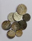 MUGHAL: LOT of 9 silver coins, rupees unless noted, including Shah Jahan I: half rupee (Surat AH104x, and 1068/31, both EF); and rupee (Surat 1038/one...