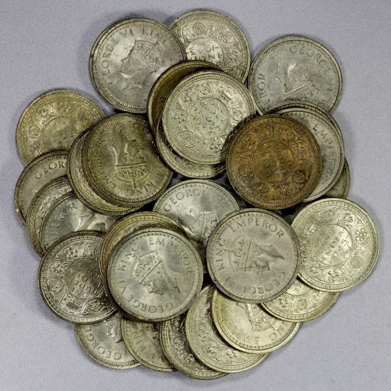 BRITISH INDIA: LOT of 32 coins, silver 1945(b) rupees, KM-557 small 5 in date, a...