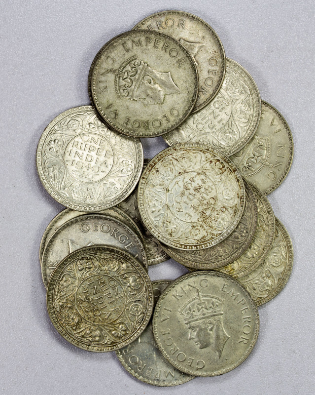 BRITISH INDIA: LOT of 16 coins, silver rupees 1940-b (10), 1941-b (6), KM-556, a...