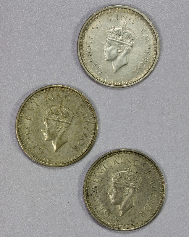 BRITISH INDIA: LOT of 3 coins, silver 1943(b) rupees, KM-556, scarce date for th...