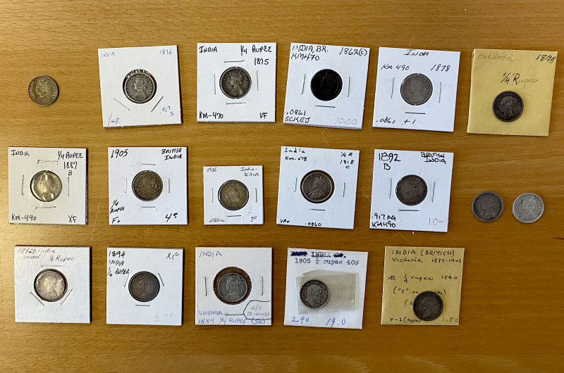 BRITISH INDIA: LOT of 18 silver quarter rupees, Victoria: 1840 (2 pcs), 1862 (3,...
