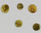 INDIA: LOT of 5 coins, group of five gold fanams from Tanjore, Cochin, Mysore including two jeweler's gold imitations, average quality examples, retai...