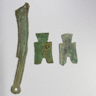 WARRING STATES: LOT of 3 items, including Ming dao 'knife money' with light chip at top and two flat-handle square-foot spade money with heavy encrust...