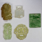 CHINA: LOT of 5 jade items, Opitz p.166-67, including a carved figurine of a girl servant, an openwork peacock, an openwork flower vessel, a green jad...