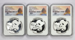 CHINA (PEOPLE'S REPUBLIC): LOT of 3 coins, 2019-Y Panda Series 30g pure silver 10 yuan coins, all graded by NGC as MS-70, struck at the Shenyang Mint,...