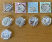 CHINA (PEOPLE'S REPUBLIC): LOT of 9 coins, ASW 7.6848, including Pandas: 3 yuan: 1997 (1 pc, original sealed plastic) and 2007; and 10 yuan: 2001 (2),...