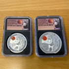 CHINA (PEOPLE'S REPUBLIC): LOT of 2 medals, 2019-Z Panda Blood Moon Series silver including, 1 troy ounce NGC graded PF-70 ULTRA CAMEO, and 2 troy oun...