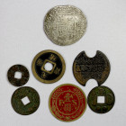 ASIA: LOT of 7 items, a very interesting group of Chinese charms (1), a likely gambling token (1), Japanese charms (4), plus an unusual imitation of a...