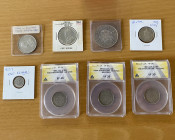 ASIA: LOT of 8 coins, including Bhutan (1 pc), Ceylon (1), India/Travancore (3, ME 1116 ½ rupee ANACS VF 30, ME1118/6 ½ rupee ANACS VF 35, and ME1121 ...