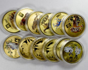 KOREA (NORTH): SET of 12 coins, 2005-2008, multicolored 20 won coins featuring animals of the Chinese Lunar Zodiac on gilt brass: Rat, Ox, Tiger, Rabb...