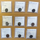 CRUSADERS: COUNTY OF TRIPOLI: LOT of 9 copper & billon coins, from Raymond III (1152-1187) and Bohemond IV (1187-1233), various types, in flips and id...