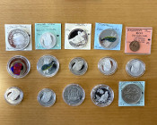 WORLDWIDE: LOT of 15 coins, including Curassow, Snowcock, Chicken, Spurfowl, Duck, Goose, Swan, Peacock, and Parrot bird coins: Belize (1 pc), Kazakhs...