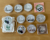 WORLDWIDE: LOT of 11 coins, ASW 8.9910, including Pandas: China/People's Republic 10 yuan: 2006 (2 pcs, one colorized), 2010 (2), and 2011 (5); and Ce...