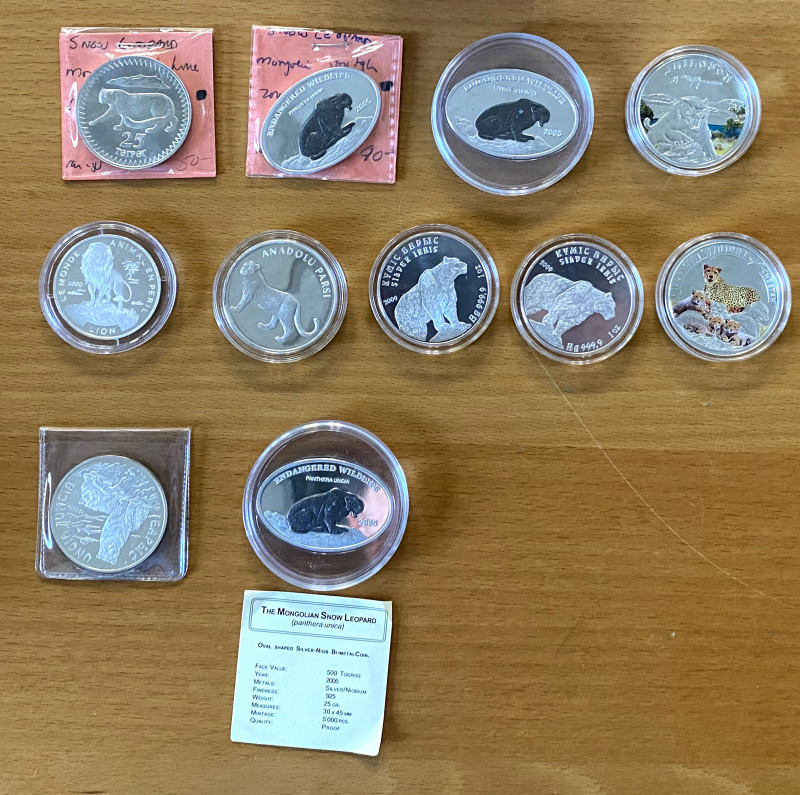 WORLDWIDE: LOT of 11 coins, ASW 8.4085, including Cheetah, Leopard, and Lion coi...