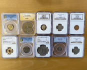 WORLDWIDE: LOT of 10 slabs, including 1863 Belgium 10 centimes NGC MS 65, 1914 Ecuador 2 decimos NGC MS 63, 1911-H East Africa cent NGC MS 66, 1710-AA...