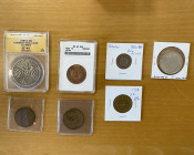 WORLDWIDE: LOT of 7 coins and exonumia items, including France (1 pc), German States/Hesse-Darmstadt (1, 1899-A 5 mark ANACS EF 40 details [cleaned] R...