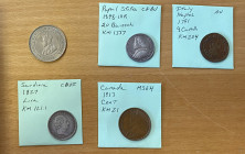 WORLDWIDE: LOT of 5 coins, three from Italian states and two from British Commonwealth, including Naples: AE 9 cavalli 1791, KM-204 (EF-AU, a few spot...