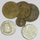 WORLDWIDE: LOT of 4 silver coins & 2 brass tokens, Coins: Mughal (AR rupee, Muhammad Shah, Akbarabad, EF); Tibet (imitation of Nepali mohar with pseud...