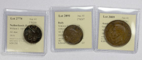WORLDWIDE: LOT of 3 coins, including 1) NETHERLANDS EAST INDIES: Willem I, 1815-1840, AE duit, 1816, KM-281, initial S, double struck error with secon...