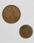 WORLDWIDE: LOT of 2 AE tokens, including British India: AE bank weight for ½ rupee / 88.2 grs (AU); and Australia: Sydney Iredale & Co AE penny token ...