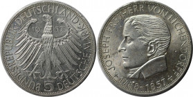 Deutsche Münzen und Medaillen ab 1945, BUNDESREPUBLIK DEUTSCHLAND. 100. Todestag von Joseph Freiherr von Eichendorff (1788-1857). 5 Mark 1957 J. Silbe...