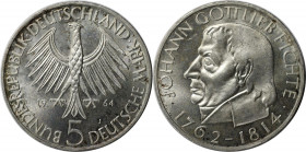 Deutsche Münzen und Medaillen ab 1945, BUNDESREPUBLIK DEUTSCHLAND. 5 Mark 1964 J, 150. Todestag Fichtes. Silber. Jaeger 393. Fast Stempelglanz. Kl.Kra...