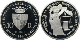 Europäische Münzen und Medaillen, Andorra. 50 Jahre Erklärung der Menschenrechte. 10 Diners 1998. 31,47 g. 0.925 Silber. 0.94 OZ. KM 143. Polierte Pla...