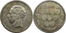 Europäische Münzen und Medaillen, Belgien / Belgium. Leopold III. 50 Francs 1939. 20,0 g. 0.835 Silber. 0.54 OZ. KM 122.1. Fast Stempelglanz