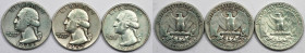 Weltmünzen und Medaillen, Vereinigte Staaten / USA / United States, Lots und Sammlungen. 3 x 1/4 Dollar (Washington Quarter) 1948-1962. Lot von 3 Münz...