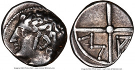 GAUL. Massalia. Ca. 1st century BC. AR obol (9mm). NGC Choice VF. Bare head of Apollo left / M-A, ethnic within two spokes of a wheel. SNG Copenhagen ...