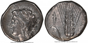 LUCANIA. Metapontum. Ca. 330-280 BC. AR stater (21mm, 7.81 gm, 8h). NGC VF 4/5 - 4/5. Atha-, magistrate. Head of Demeter left, wreathed in corn ears /...