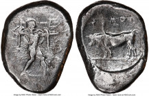 LUCANIA. Poseidonia. Ca. 470-420 BC. AR stater (21mm, 7.42 gm, 12h). NGC VF 5/5 - 3/5. ΠΟΣEI, Poseidon striding right, nude but for chlamys spread acr...