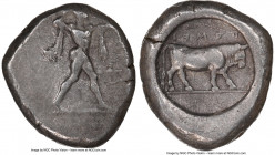 LUCANIA. Poseidonia. Ca. 470-420 BC. AR stater (19mm, 1h). NGC VF. ΠΟΣEI, Poseidon striding right, nude but for chlamys spread across shoulders, brand...