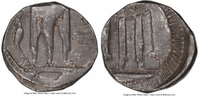 BRUTTIUM. Croton. Ca. 480-430 BC. AR stater (20mm, 5h). NGC VF. ϘPO (retrograde), tripod with leonine feet, heron standing right to left; beaded borde...